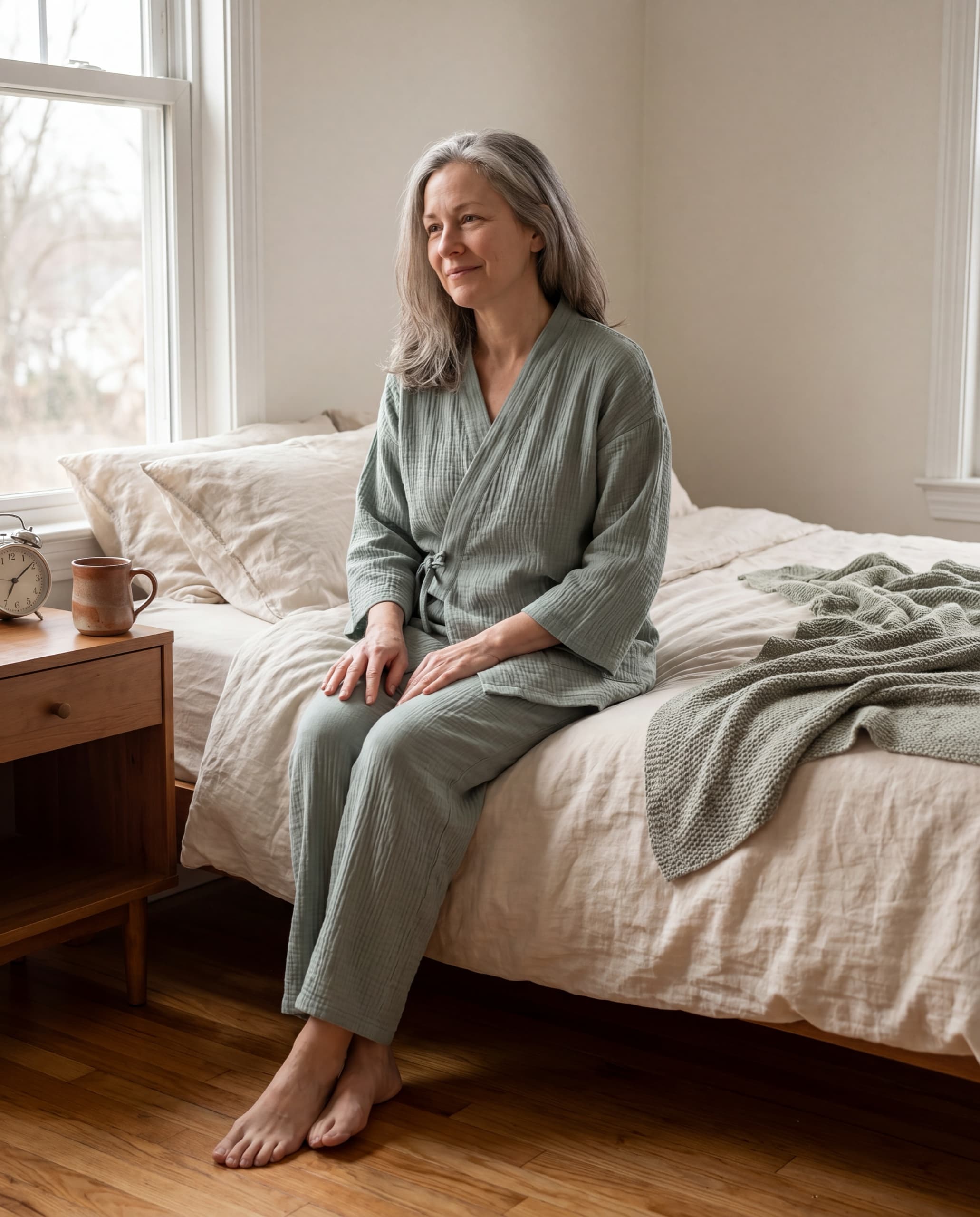 Woman sitting on a bed in the SagePause sage kimono pajama set