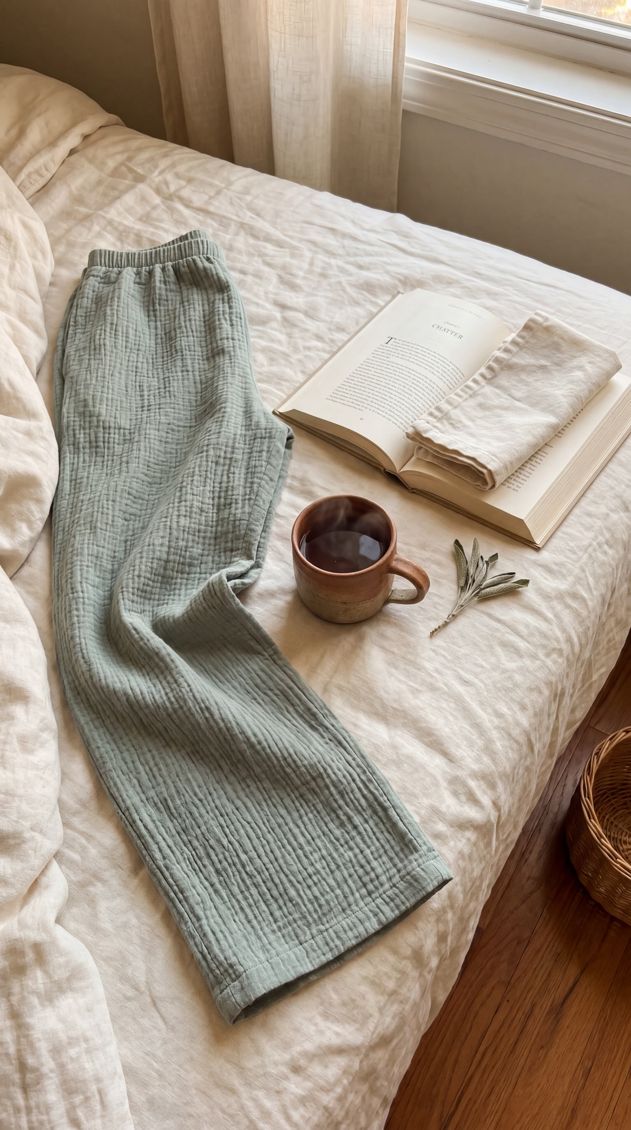 SagePause pajamas folded on a bed with a mug and book